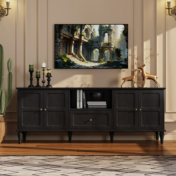 CBJCBJ 67"Mid-Century Modern TV Stand with Storage and Adjustable Partition , Media Console for TVs up to 75", Black
