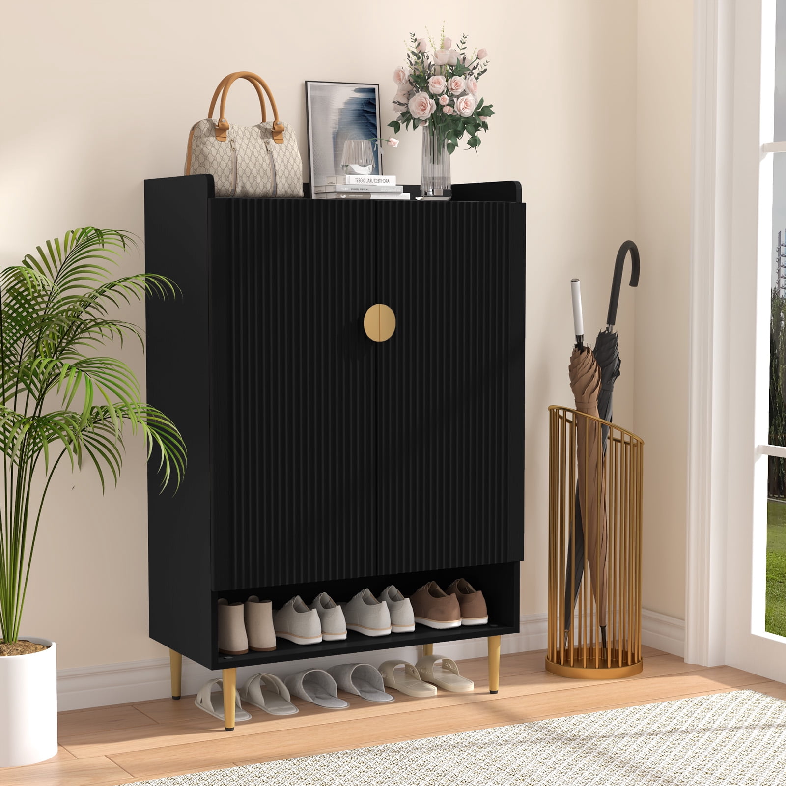 CBJCBJ 7-Tier Shoe Cabinet Storage with 2 Door and Adjustable Shelves Wood Shoes Rack for Entryway, Black