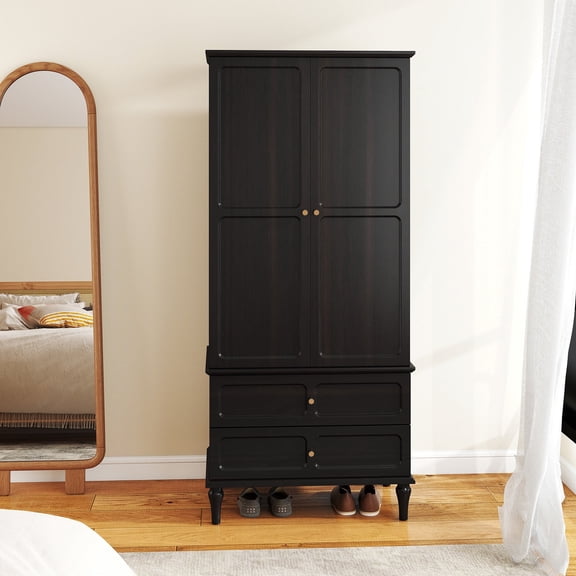 CBJCBJ 70"Mid-Century Wood Armoires Wardrobe Closet, Bedroom Clothing Storage Cabinet with Hanging Rail, Black
