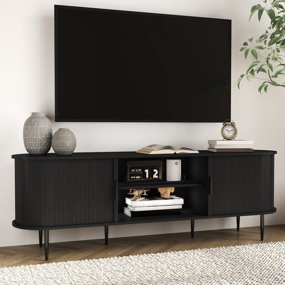 CBJCBJ 70" Modern  Tambour Door TV Stand  up to 80" TVs, Entertainment Center with Storage, Fluted Television Consoles for Living Room（Black）