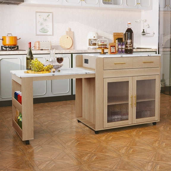 CBJCBJ Kitchen Island with Storage | Expandable Retractable on Wheels 71.65" L | Space-Saving of Island Cart, Beige