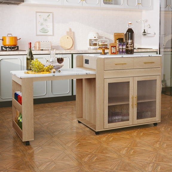 CBJCBJ Kitchen Island with Storage | Expandable Retractable on Wheels 71.65" L | Space-Saving of Island Cart, Beige