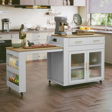 CBJCBJ Kitchen Island with Storage | Expandable Retractable on Wheels 71.65" L | Space-Saving of Island Cart White
