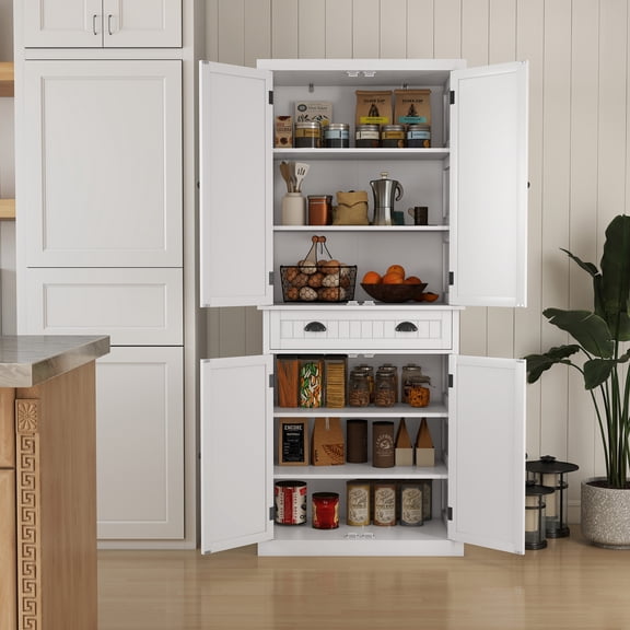 CBJCBJ 72" H Kitchen Pantry Storage Cabinet, Freestanding Cupboard with Adjustable Shelves & Drawer,White