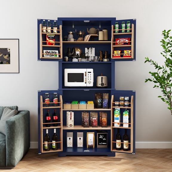 CBJCBJ 72" Tall 6-Layer Modern Kitchen Pantry Cabinet with Open Storage and Adjustable Shelves,Blue