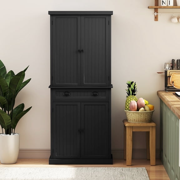 CBJCBJ 72" Wood Pantry Cabinet, 4 Adjustable Shelves and Central Drawer with Storage , Freestanding Kitchen Organizer for Dining Room,Black
