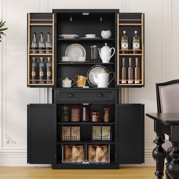 CBJCBJ 72"  Pantry Cabinet with Doors, Freestanding Kitchen Organizer for Adjustable Shelves,Central Drawer,Black