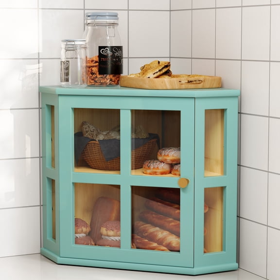 CBJCBJ Bamboo Bread Box, 2-Tier Countertop Storage Rack, Modern Retro Pantry Decor,Blue