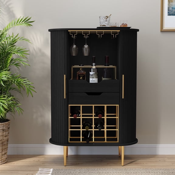 CBJCBJ Bar Cabinet with Tambour Door –Wood Liquor Cabinet 16 with Wine Racks and Glass Holder,Coffee Bar for Home(Black)