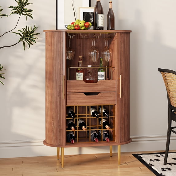 CBJCBJ Bar Cabinet with Tambour Door, Wood Liquor Cabinet with 16 Wine Racks and Adjustable Shelves, Brown
