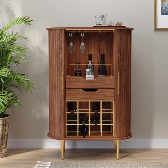 CBJCBJ Bar Cabinet with Tambour Door, Wood Liquor Cabinet with 16 Wine Racks and Adjustable Shelves, Brown