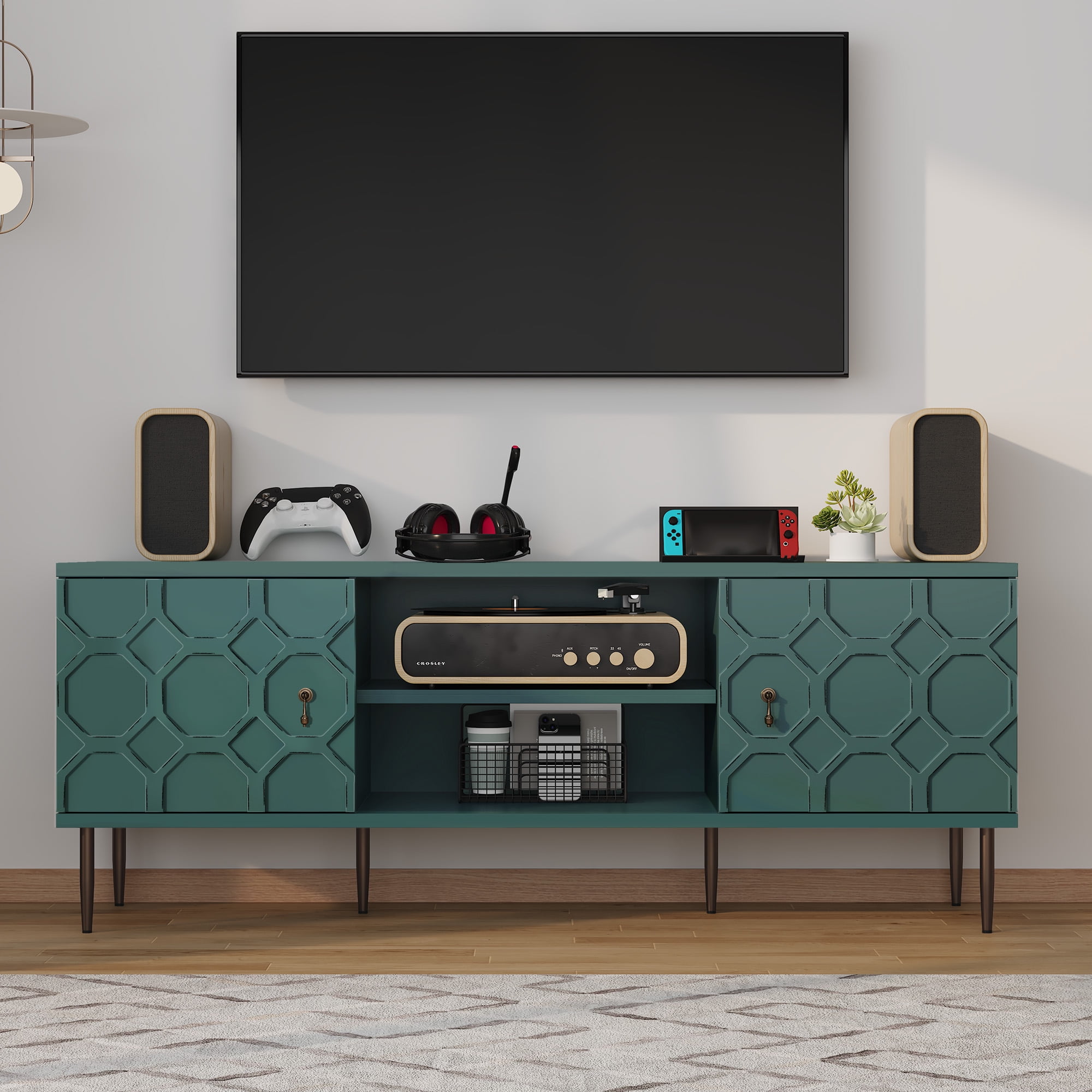 CBJCBJ Entertainment Center Console with 4 Doors and 2 Open Shelves for TV up to 75+ Inch, Green