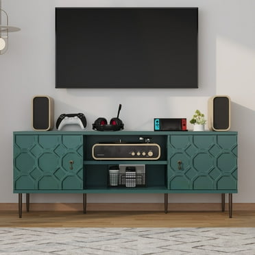 CBJCBJ Entertainment Center Console with 4 Doors and 2 Open Shelves for TV up to 75+ Inch, Green