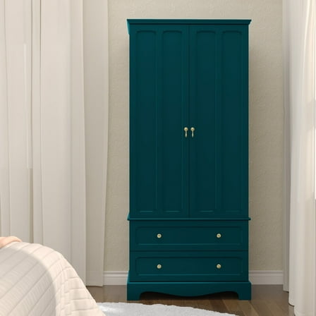 CBJCBJ 72" Wooden Armoire Wardrobe | Large Capacity Bedroom Clothing Storage Cabinets  With 2 Drawers and 2 Doors + Clothes Hanging Rod |   Bedroom Clothing Armoires Green