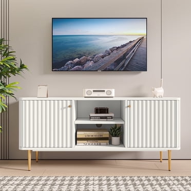 CBJCBJ Modern Fluted 55" TV Stand for 65inch TV with Storage, Entertainment Center for Living Room, White