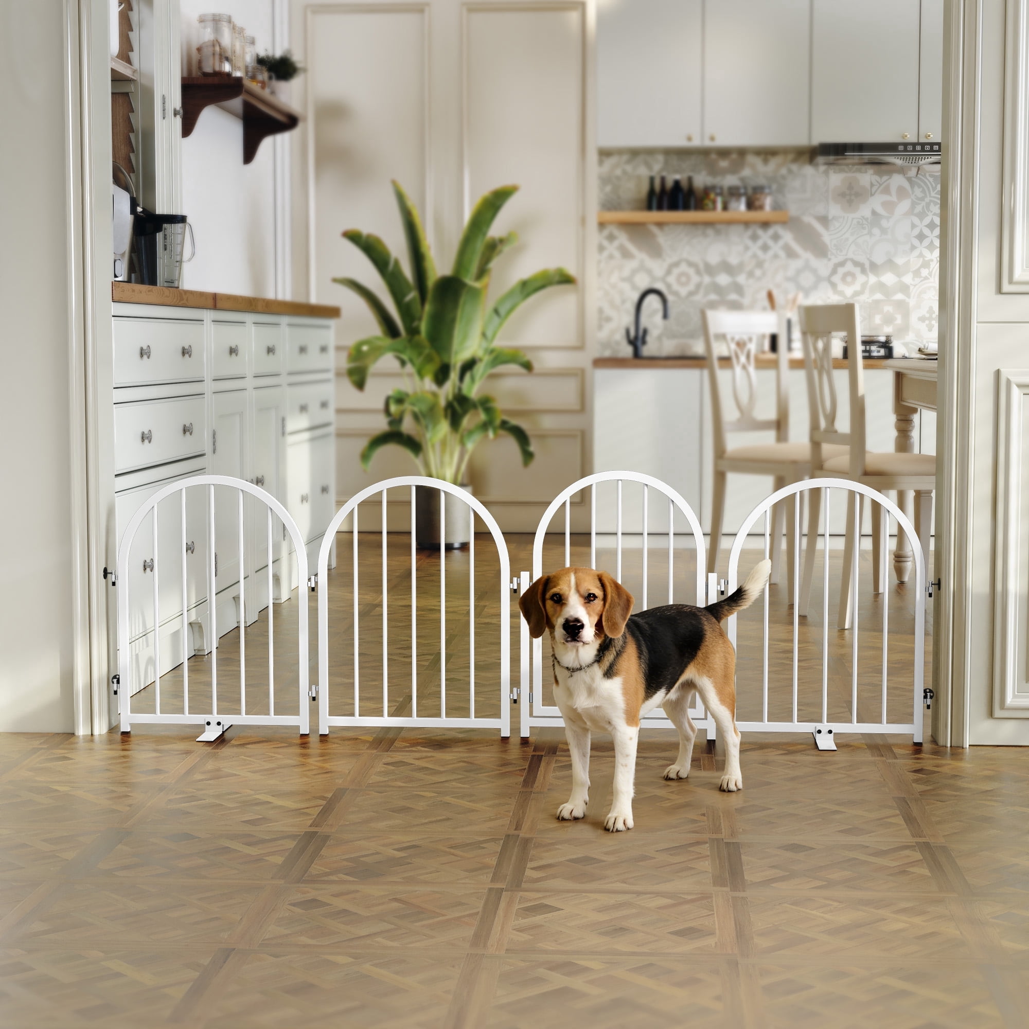 CBJCBJ Indoor Pet Gate, 4 Panel Folding Dog Gate , 24"H Freestanding Metal Pet Fence for Cats and Dogs ,White