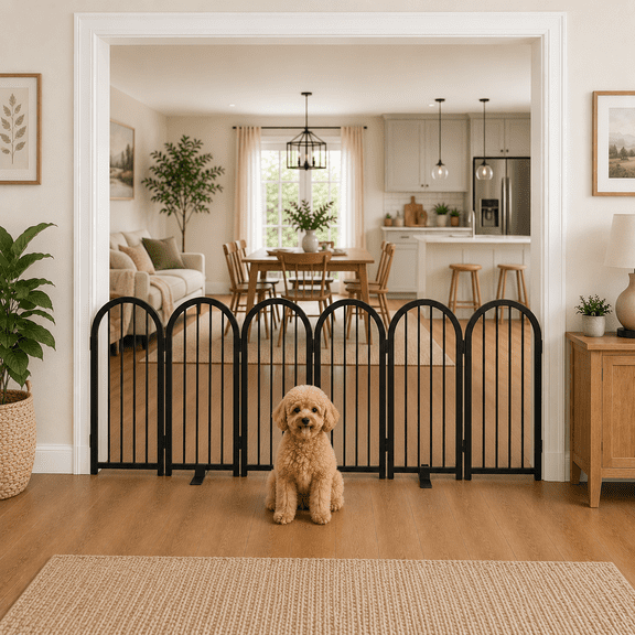CBJCBJ Indoor Pet Gate, 6 Panel Folding Dog Gate , 32"H Freestanding Metal Pet Fence for Cats and Dogs ,Black
