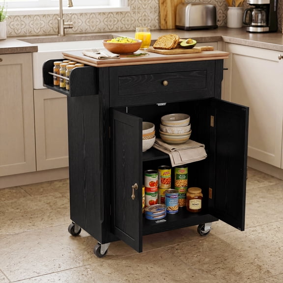 CBJCBJ Kitchen Islands Cart on Wheels with Storage, Wood Microwave Table with Drawers and Spice Box , for Dining Room,Black