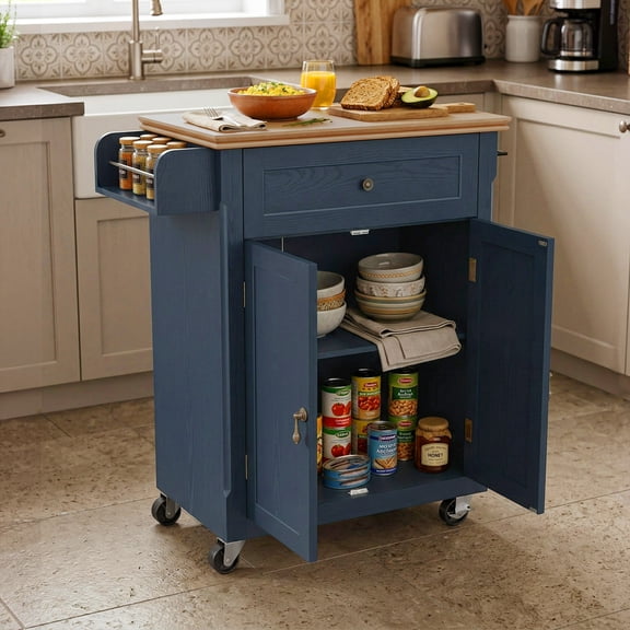 CBJCBJ Kitchen Islands Cart on Wheels with Storage, Wood Microwave Table with Drawers and Spice Box , for Dining Room,Blue