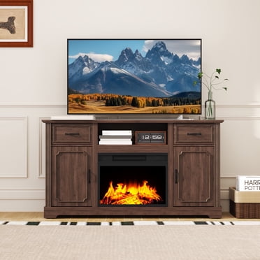 CBJCBJ Medieval TV Stand for TVs up to 65'', Entertainment Center with 22.8'' Electric Fireplace, Brown