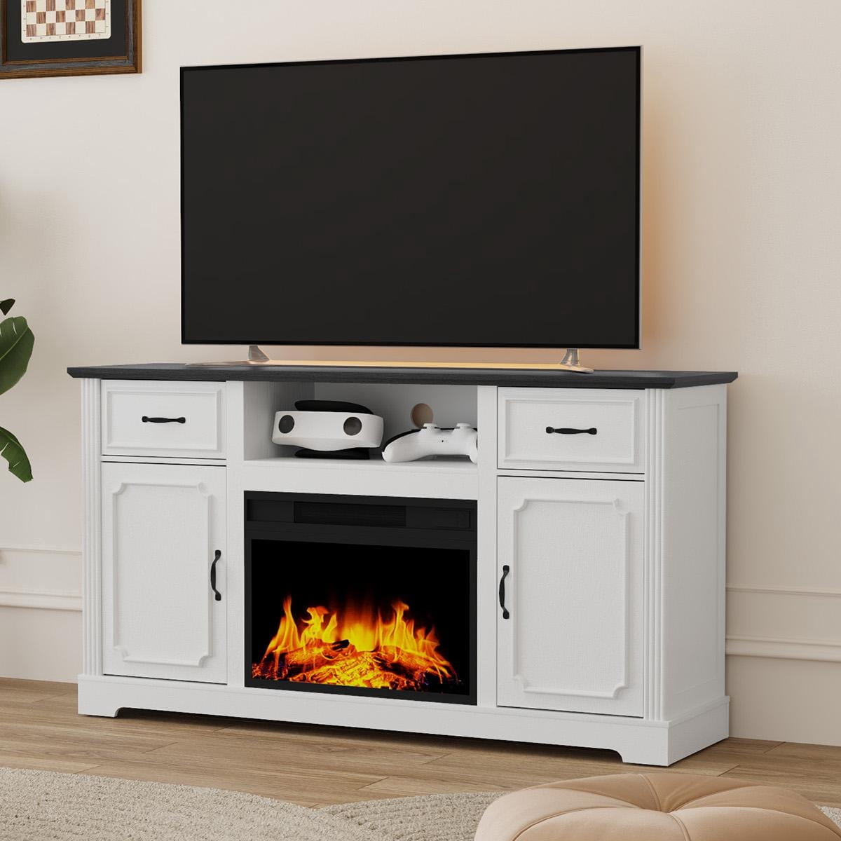 CBJCBJ Medieval TV Stand for TVs up to 65'', Entertainment Center with 22.8'' Electric Fireplace, White