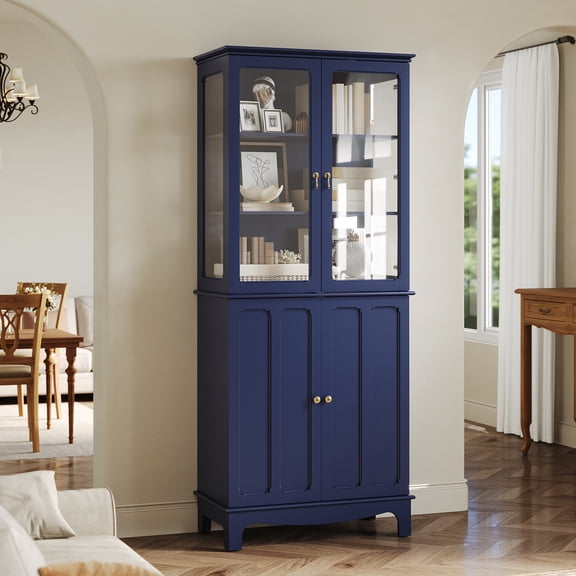 CBJCBJ 72" Modern Bookcase with Glass Doors Storage Cabinet , Adjustable Shelves,for Living Room, Study Room ,Blue