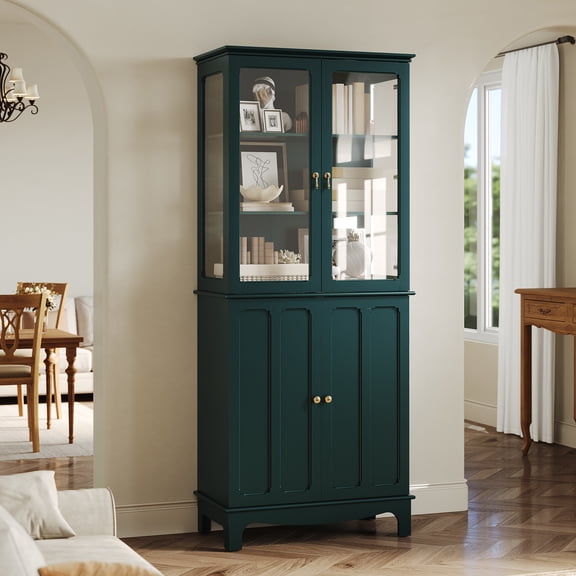 CBJCBJ 72" Modern Bookcase with Glass Doors Storage Cabinet , Adjustable Shelves,for Living Room, Study Room ,Green