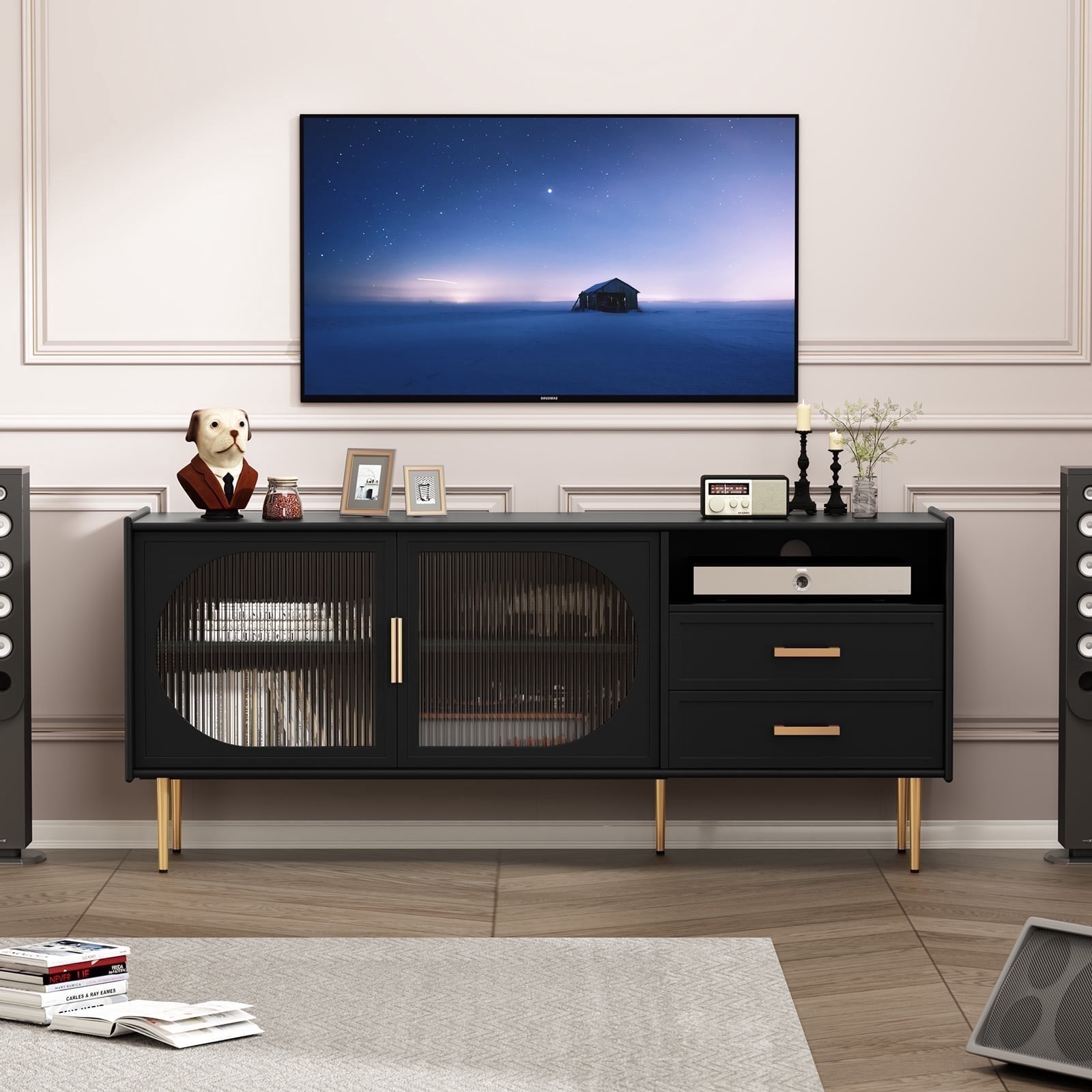 CBJCBJ 60.1" Modern Glass Door TV Stand with 2 Drawers & Adjustable Shelf | Entertainment Center for TVs up to 70 Inch | 4-Compartment Media Console Storage(BLACK)