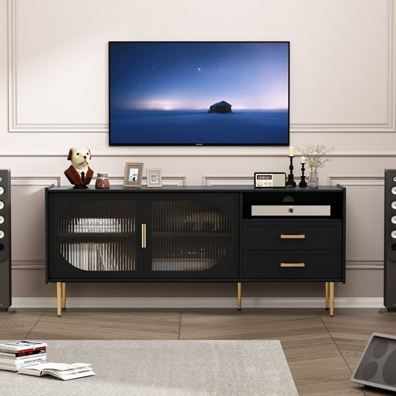 CBJCBJ 60.1" Modern Glass Door TV Stand with 2 Drawers & Adjustable Shelf | Entertainment Center for TVs up to 70 Inch | 4-Compartment Media Console Storage(BLACK)