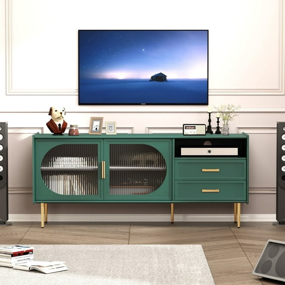 CBJCBJ Modern Glass Doors TV Stand for TVs up to 70" Entertainment Center with 2 Drawers, Green