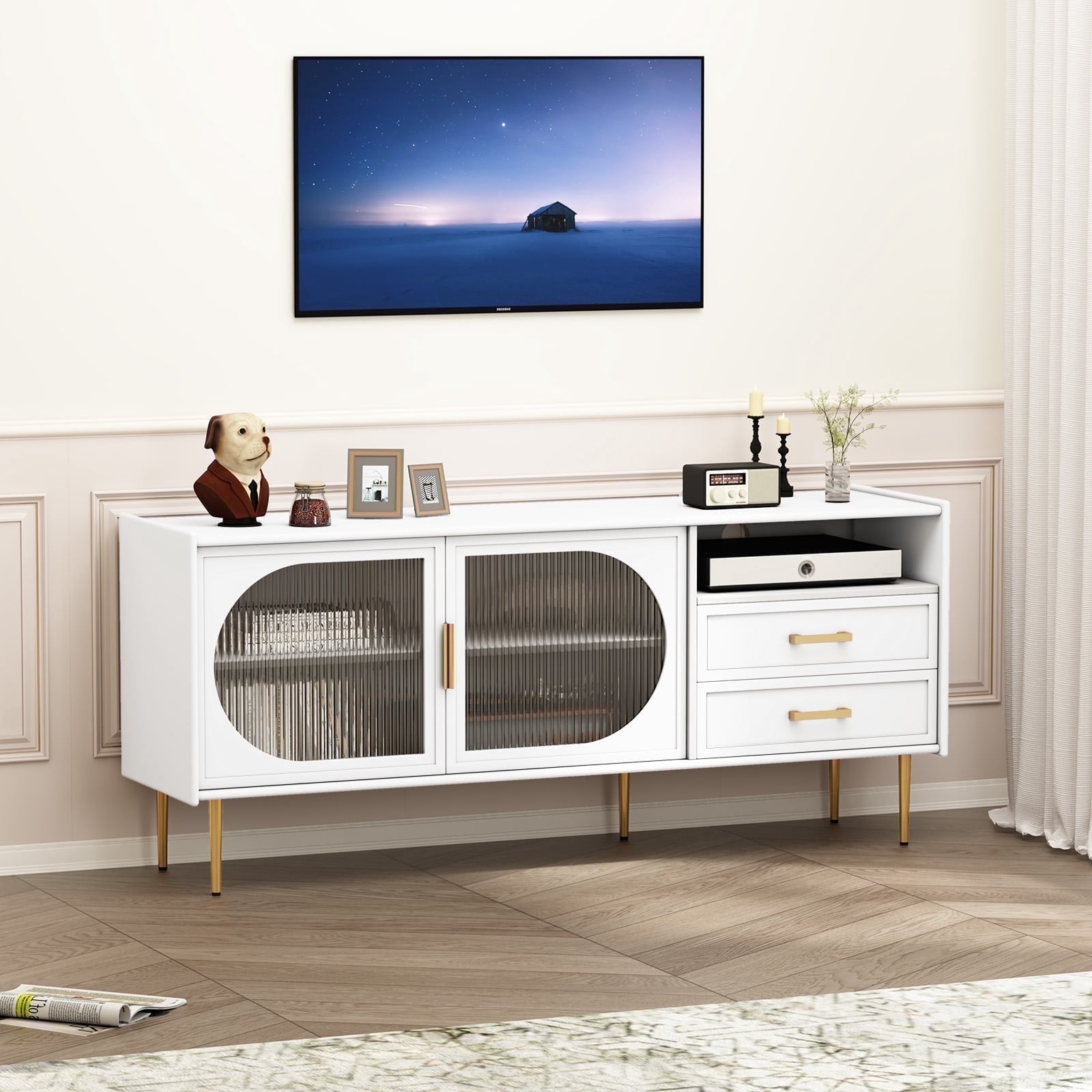 CBJCBJ 60.1" Modern Glass Door TV Cabinet with 2 Drawers and Adjustable Shelves | Entertainment Center for TVs up to 70" | 4 Compartment Media Console Storage