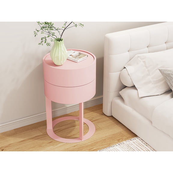 CBJCBJ Modern Round Nightstand with Drawer, 14.2" Bedside Table for Bedroom,Pink