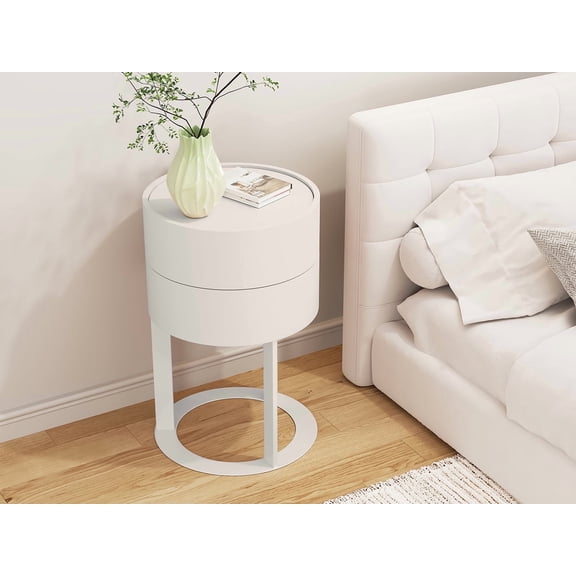 CBJCBJ Modern Round Nightstand with Drawer, 14.2" Bedside Table for Bedroom,White
