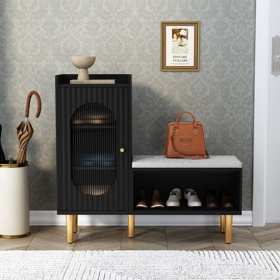 CBJCBJ Modern Storage Bench with Glass Door & Shelf - L-Shaped Entryway Cabinet, Padded Seat for Hallway/Bedroom/Office, Black