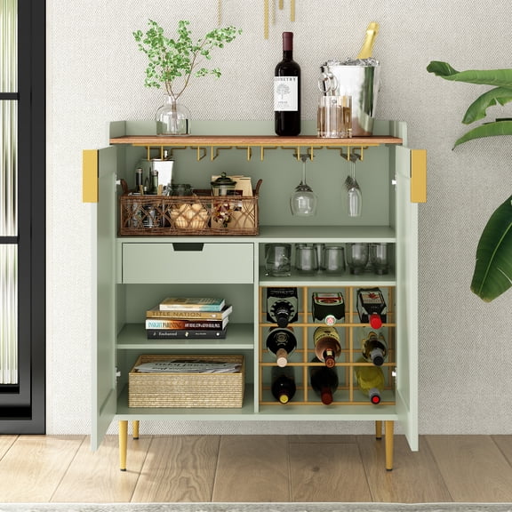 CBJCBJ Modern Wine Cabinet, Home Bar Cabinet with Storage Drawers and Wine Rack, Kitchen Sideboard,Sage Green