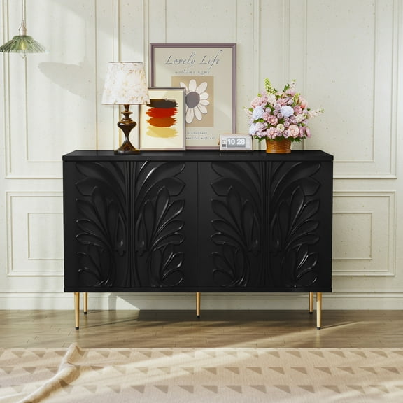 CBJCBJ 47.24"W Modern 4-Door Credenza with 3D Floral Doors & Shelves, Storage Sideboard for Dining Room, Kitchen Black