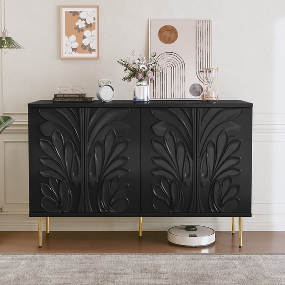 CBJCBJ 47.24"W Modern 4-Door Credenza with 3D Floral Doors & Shelves, Storage Sideboard for Dining Room, Kitchen Black