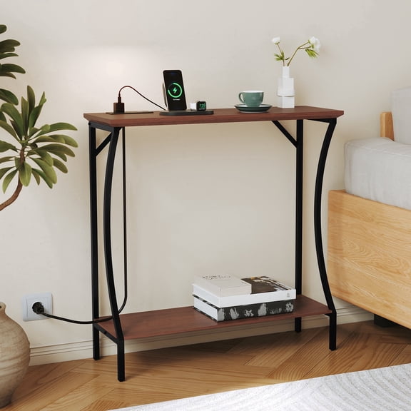 CBJCBJ Narrow Console Table with Charging Station, 2-Tier Simple Entryway Table for Living Room Hallway,Brown