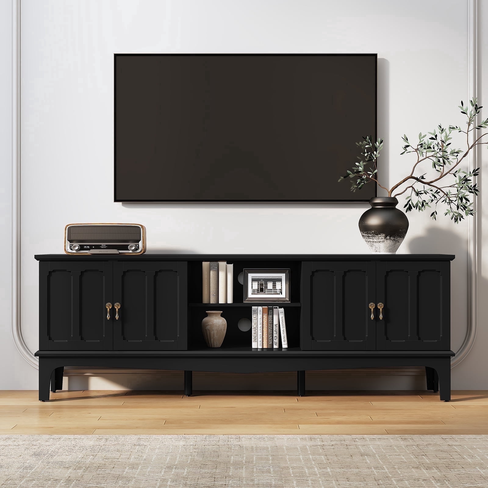 CBJCBJ Retro 67" TV Stand for TVs up to 70", Living Room Entertainment Center with 4 Door Storage Cabinet,Black