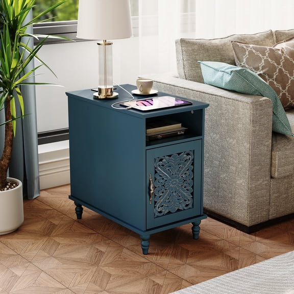 CBJCBJ Retro Carved End Table with Socket, Side Table with Open Compartment and Storage Cabinet, Bedside Table for Bedroom,Blue