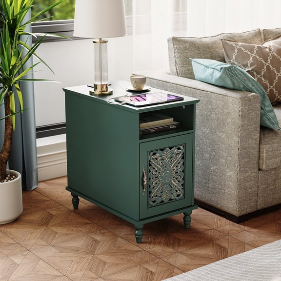 CBJCBJ Retro Carved End Table with Socket, Side Table with Open Compartment and Storage Cabinet, Bedside Table for Bedroom,Green