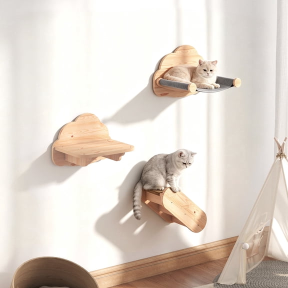 CBJCBJ Solid Wood Cat Wall Mounts Shelves Perches Set, Climbing Wall-mounted Cat Tree House for Cats, 3-Piece