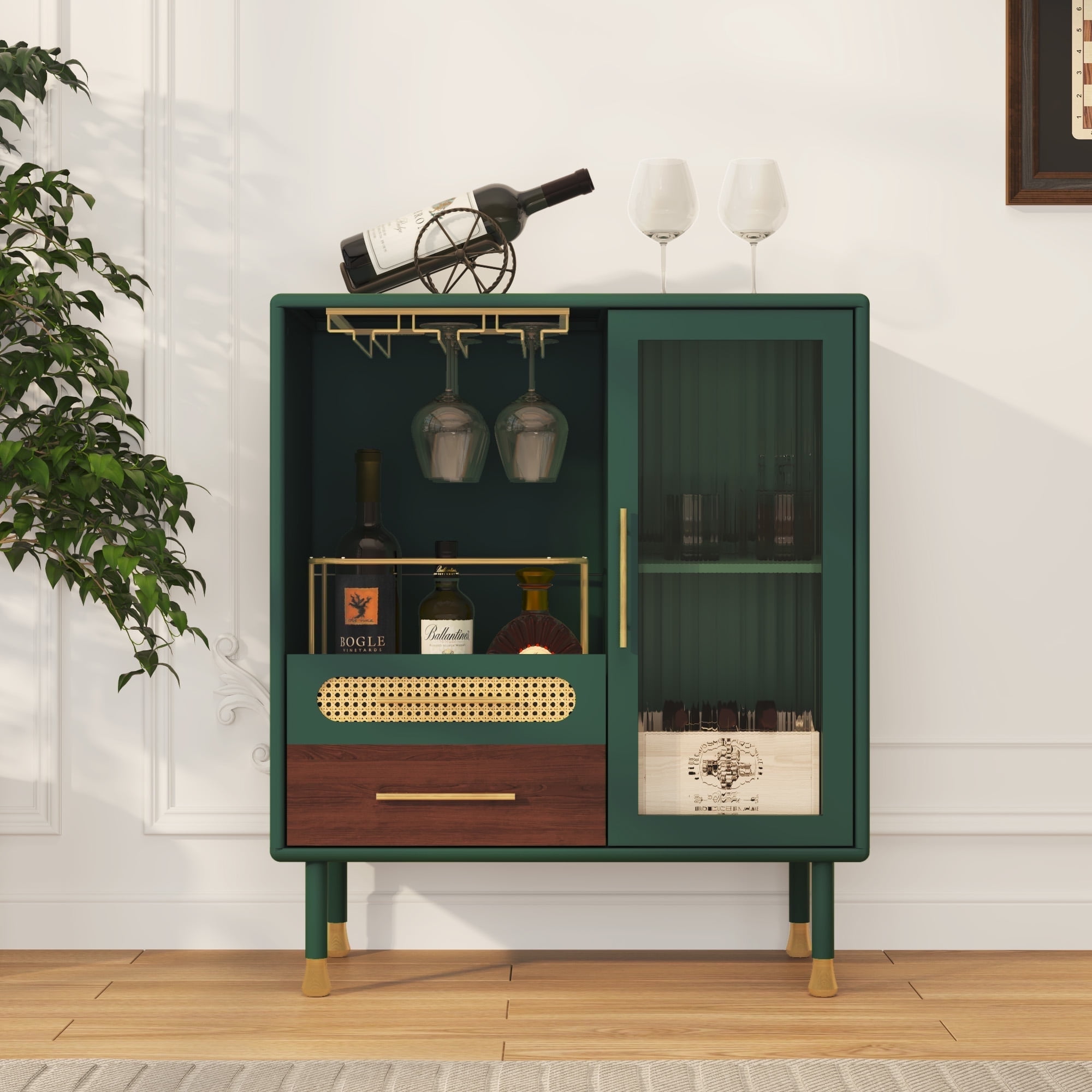 CBJCBJ Wine Bar Cabinet, Modern Coffee Cabinet with 3 Rows of Glass Racks, Sideboard Cabinet, Green - Walmart.com