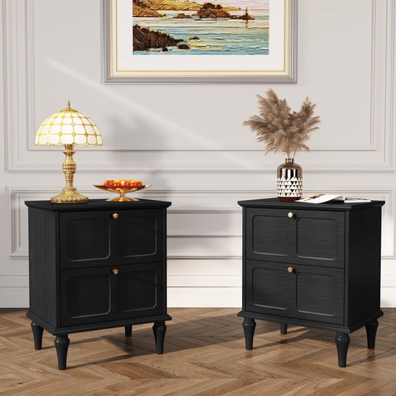 CBJCBJ21" Mid-century Nightstands Set of Two, Featuring Two Storage Drawers with Metal Handles, Black