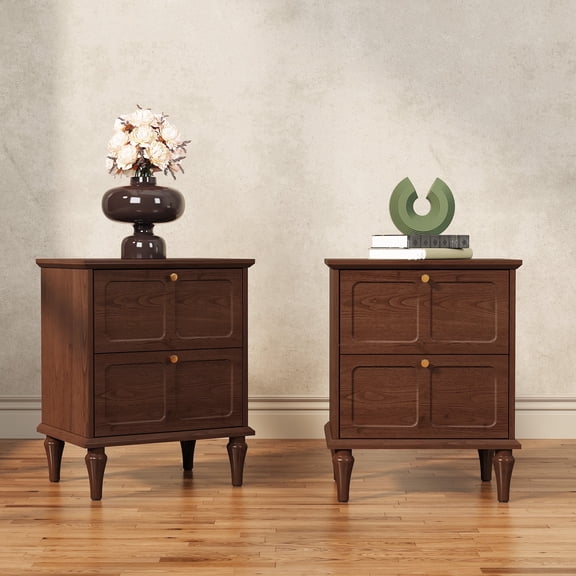 CBJCBJ 21" Mid-Century Nightstands Set of 2, Featuring Two Storage Drawers with Metal Handles, Brown