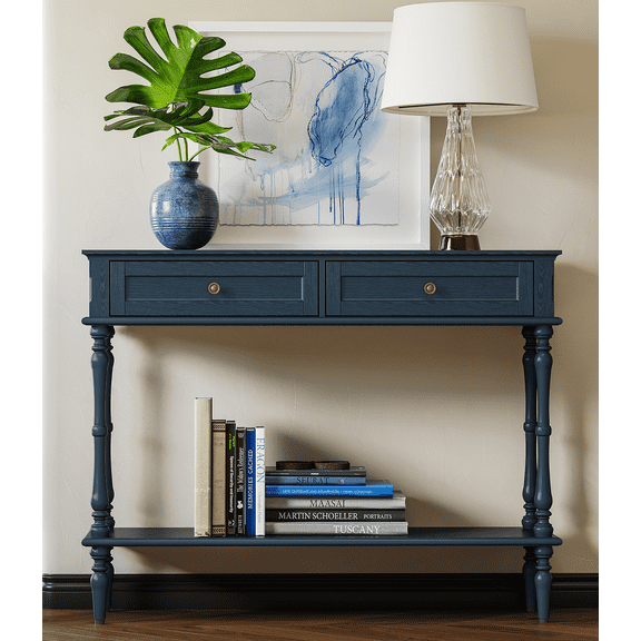 CBJCBJ40"Vintage Minimal Assembly Console Table with 2 Storage Drawers,Suitable for Living Room,Blue