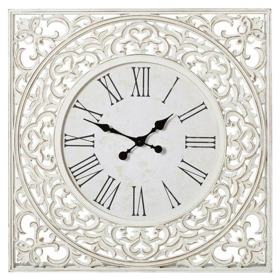 CBK MDF White Square Carved Wood Wall Clock 158504