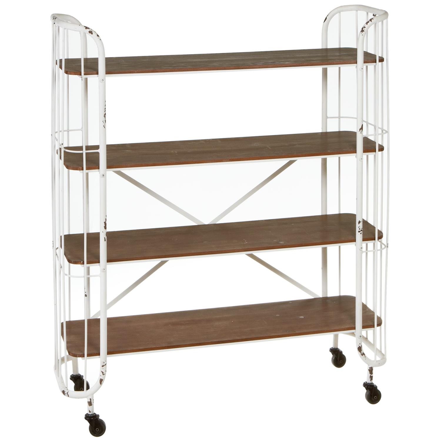 CBK Metal Distressed White Four Tier Shelf On Wheels 164524
