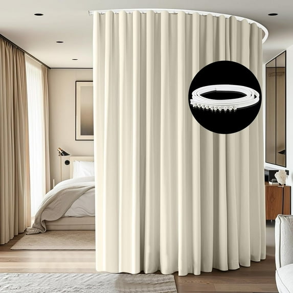 CBSRORO Room Divider Blackout Curtains with Ceiling Mounted Curtain Track Set,1 Panel Beige Divider Curtain and White Flexible Curtain Track for Room Separation