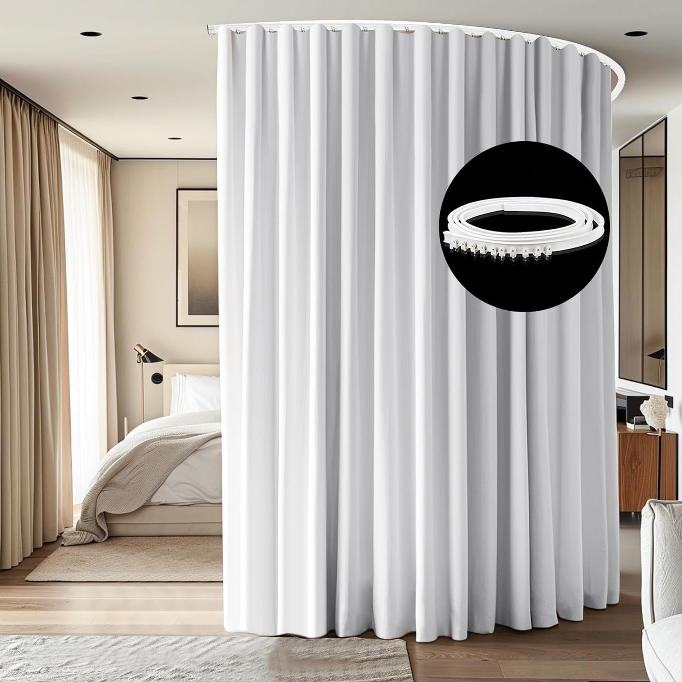 CBSRORO Room Divider Blackout Curtains with Ceiling Mounted Curtain Track Set,1 Panel White Divider Curtain and White Flexible Curtain Track for Room Separation